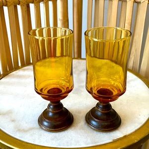 70s aesthetic retro style vintage amber glass wood pedestal cordial glasses
